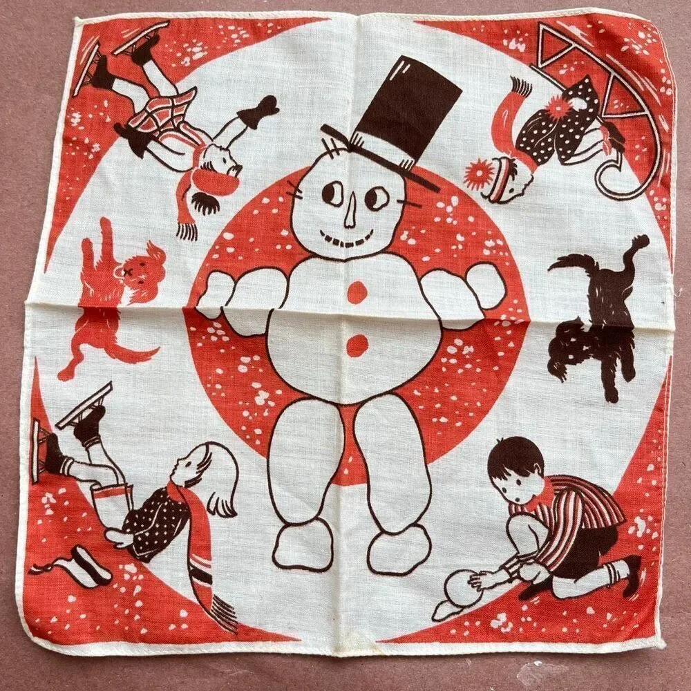VTG 40s 50s Winter Kids Snowman Hankie 8.5” Novelty Print RARE
